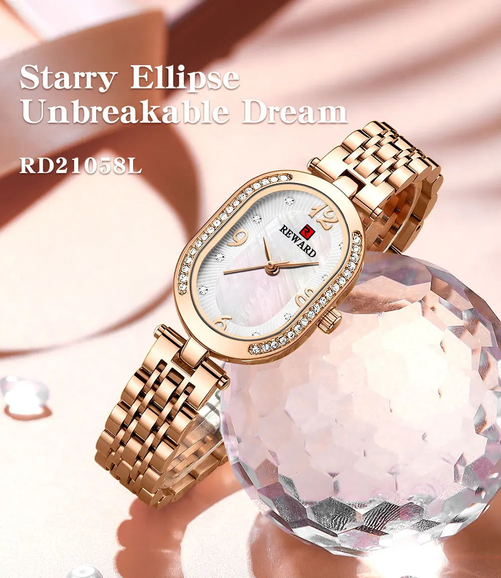 New REWARD Women Wristwatch Fashion Luxury Quartz Wrist Watches Stainless Steel Strap Gift for Girl Wife Mother Friends