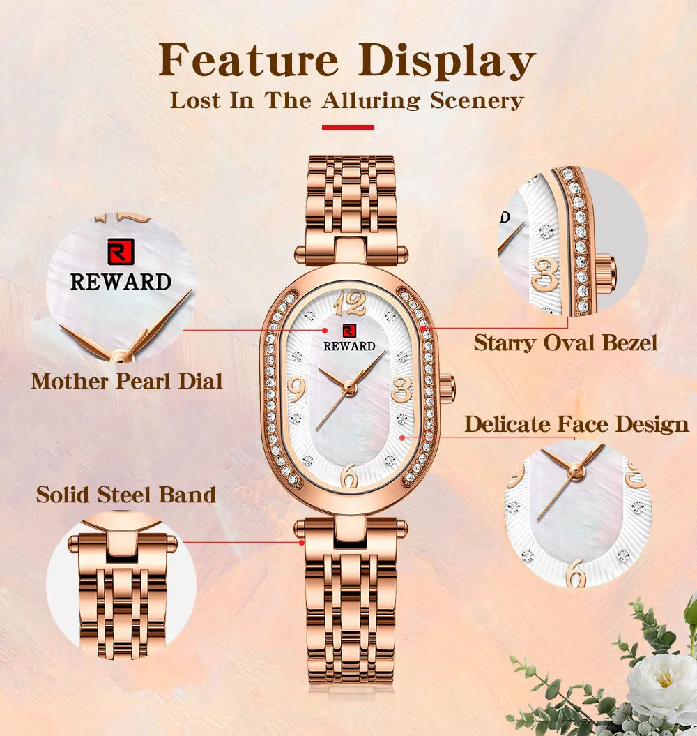 New REWARD Women Wristwatch Fashion Luxury Quartz Wrist Watches Stainless Steel Strap Gift for Girl Wife Mother Friends