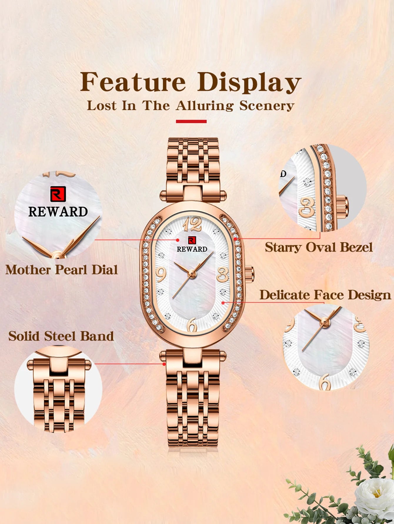 New REWARD Women Wristwatch Fashion Luxury Quartz Wrist Watches Stainless Steel Strap Gift for Girl Wife Mother Friends