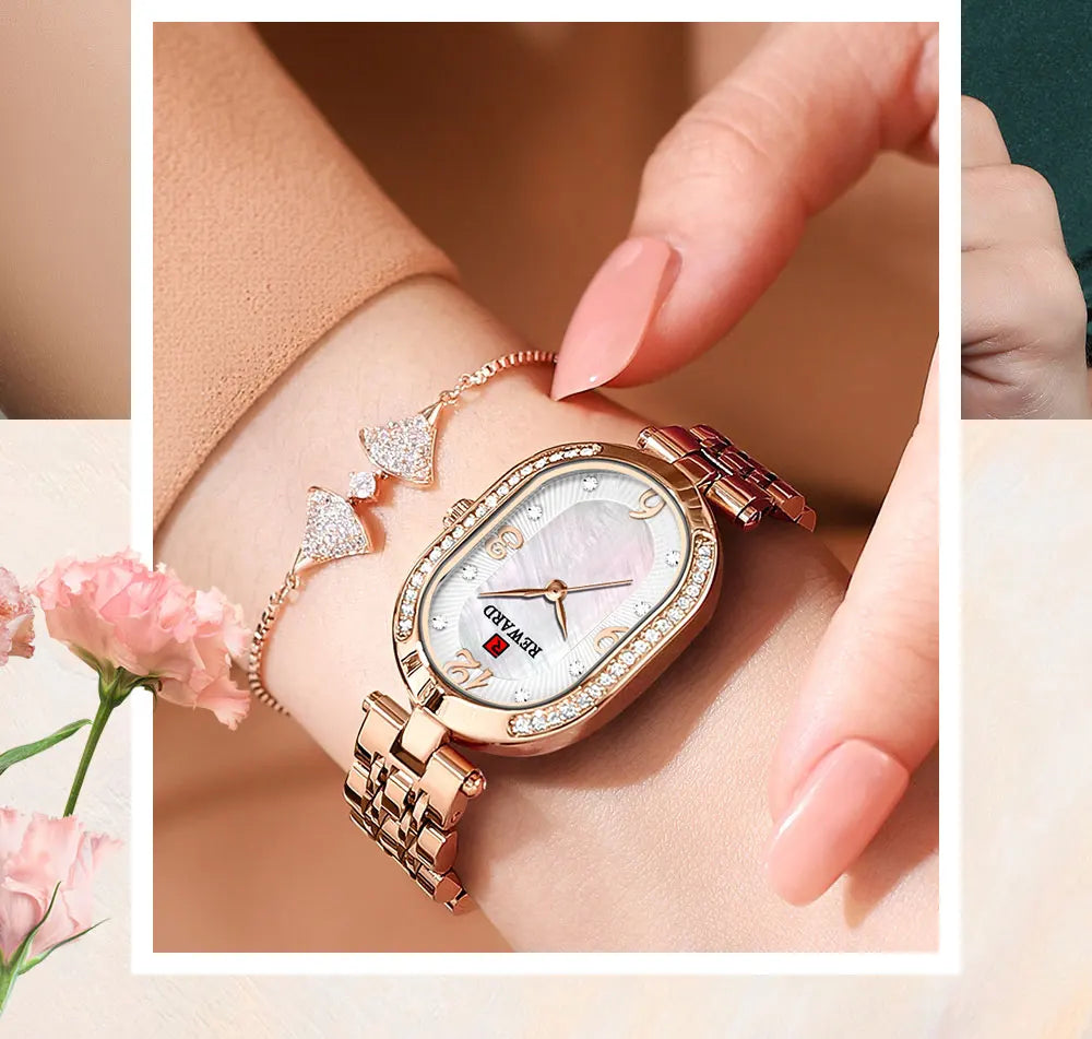 New REWARD Women Wristwatch Fashion Luxury Quartz Wrist Watches Stainless Steel Strap Gift for Girl Wife Mother Friends