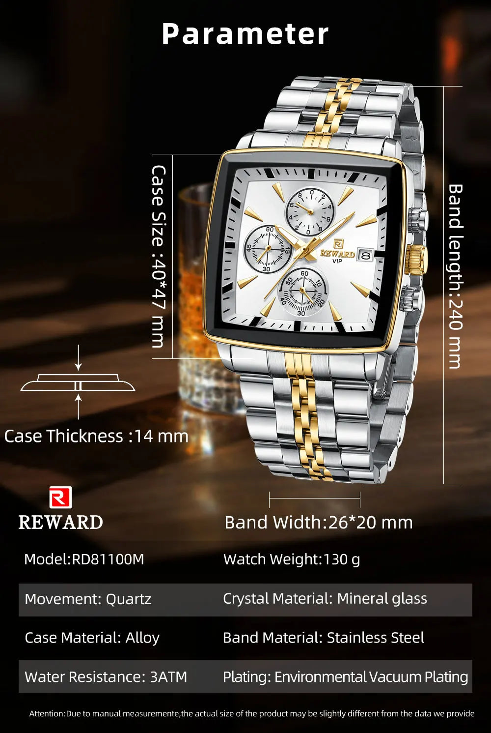 REWARD Rectangle Men's Watches Quartz Wristwatches Luxury Business