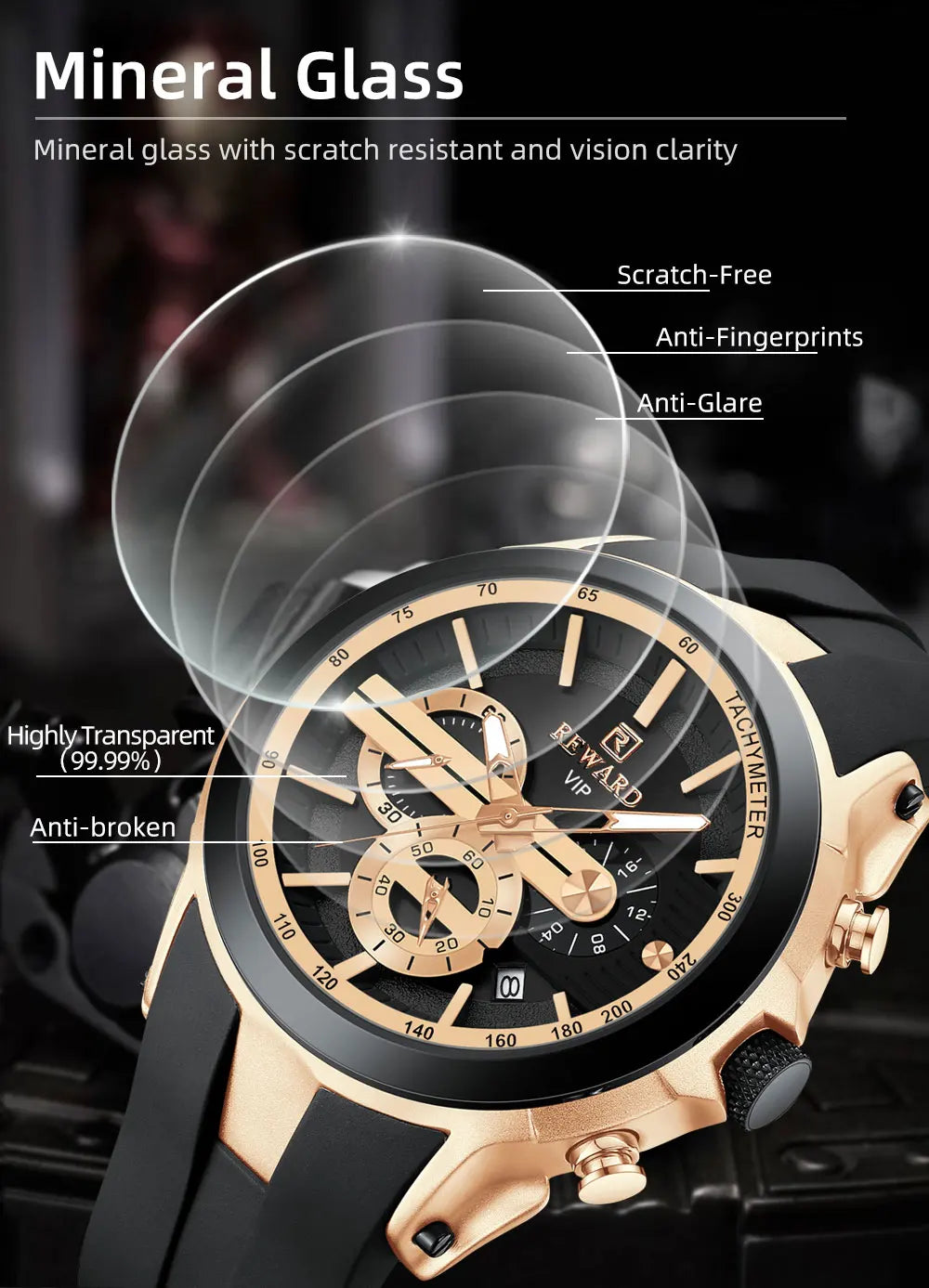 REWARD VIP New Fashion Watch for Men Leather Strap Waterproof