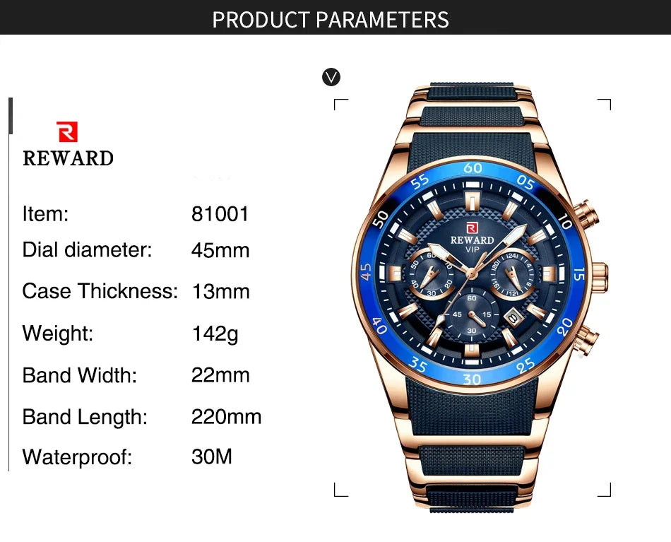 REWARD 81001 Men Watch Luxury Quartz All Steel Men Watch