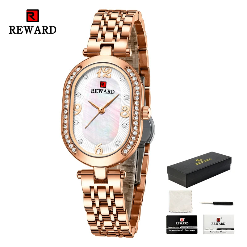 New REWARD Women Wristwatch Fashion Luxury Quartz Wrist Watches Stainless Steel Strap Gift for Girl Wife Mother Friends
