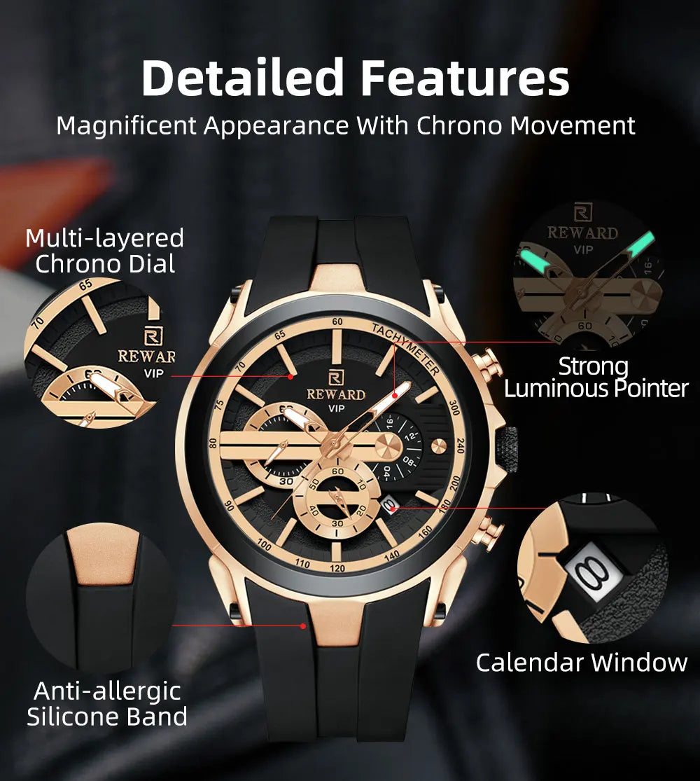 REWARD VIP New Fashion Watch for Men Leather Strap Waterproof