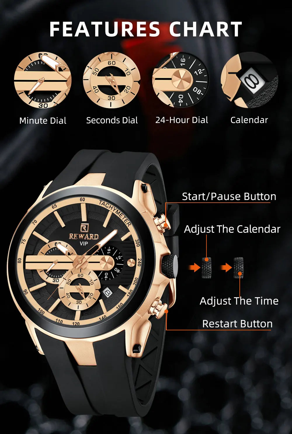 REWARD VIP New Fashion Watch for Men Leather Strap Waterproof
