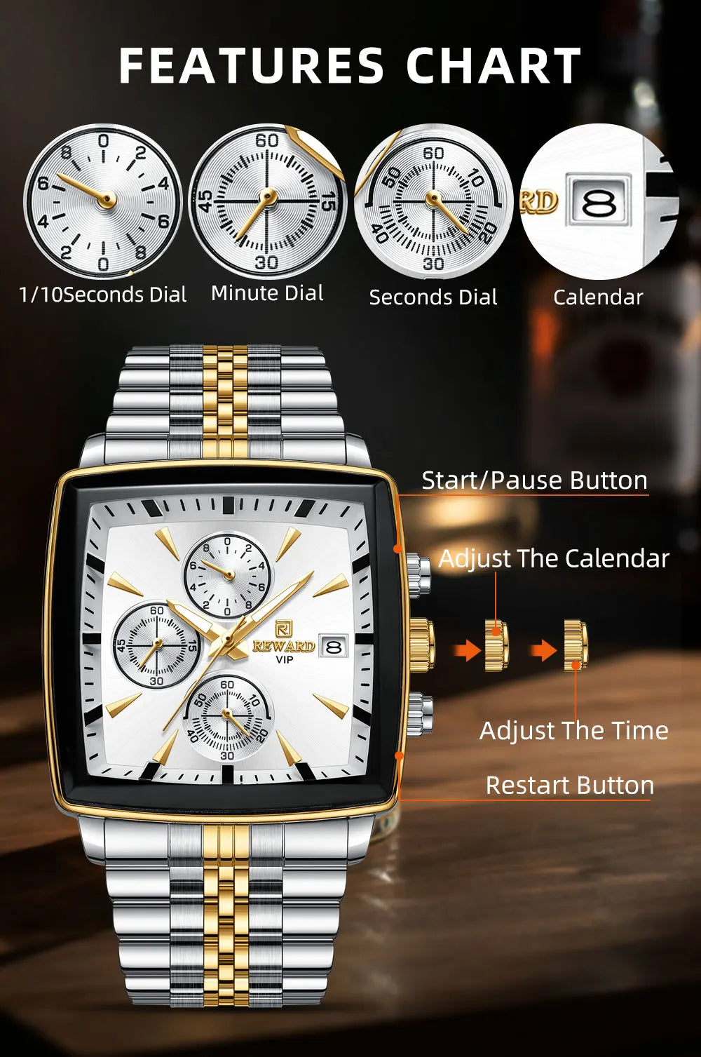 REWARD Rectangle Men's Watches Quartz Wristwatches Luxury Business